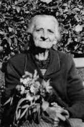 Gerda Krantz 85 r gammal med blommor i famnen. Huggare, skald, hembygdsforskare och flitig resenr - klicka fr att frstora