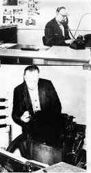 Edvin Lindholm talar i telefon i Nerikes Allehandas lokaler och Edvin vid tryckpress i Fjugesta tryckeri 1944-1960. - klicka för att förstora