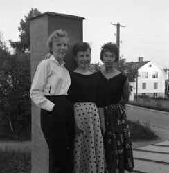 Tre av Siv och Astrid Hellström, Anna-Stina Andersson och Magareta från Fjugesta på ett tak - klicka för att förstora