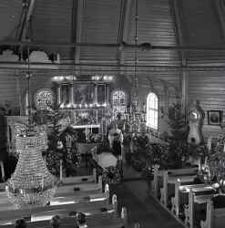 Begravning i Kvistbro kyrka med granar vid koret. - klicka för att förstora