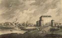 Teckning över Örebro på 1780-talet med bland annat slottet och kyrkan - klicka för att förstora