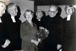 Mullhyttans kyrkas 50-�rsjubileum. Fr�n v�nster Ingemar Isman, Bertil Eriksson, Dagmar Grafstr�n, G�sta Harne, Per-Olof Persson och Birger Lerneus - klicka f�r att f�rstora
